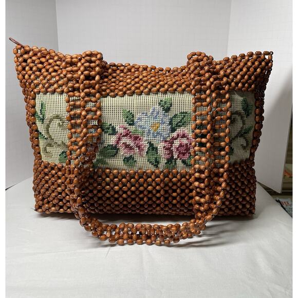 Handmade Handbags - Vintage 1970s Boho Retro Chic Wood Beaded Needlepoint Design Shoulder Bag Purse